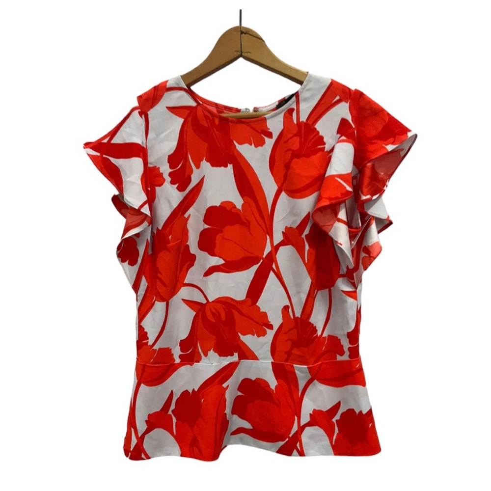 Bright Red Tulip Floral Flutter Sleeve Peplum Blouse Top